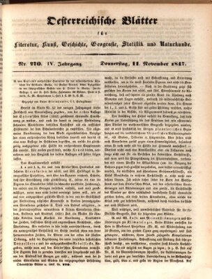 Österreichische Blätter für Literatur und Kunst, Geschichte, Geographie, Statistik und Naturkunde Donnerstag 11. November 1847