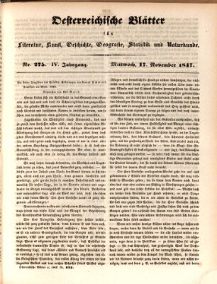 Österreichische Blätter für Literatur und Kunst, Geschichte, Geographie, Statistik und Naturkunde Mittwoch 17. November 1847