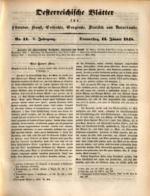 Österreichische Blätter für Literatur und Kunst, Geschichte, Geographie, Statistik und Naturkunde Donnerstag 13. Januar 1848