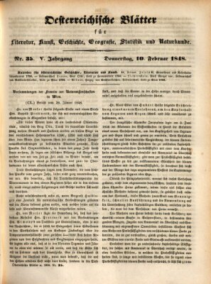 Österreichische Blätter für Literatur und Kunst, Geschichte, Geographie, Statistik und Naturkunde Donnerstag 10. Februar 1848