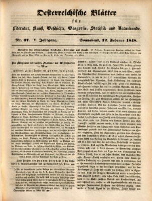 Österreichische Blätter für Literatur und Kunst, Geschichte, Geographie, Statistik und Naturkunde Samstag 12. Februar 1848