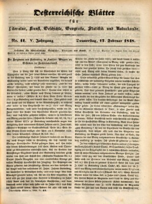 Österreichische Blätter für Literatur und Kunst, Geschichte, Geographie, Statistik und Naturkunde Donnerstag 17. Februar 1848