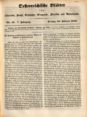 Österreichische Blätter für Literatur und Kunst, Geschichte, Geographie, Statistik und Naturkunde Freitag 18. Februar 1848