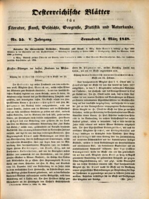 Österreichische Blätter für Literatur und Kunst, Geschichte, Geographie, Statistik und Naturkunde Samstag 4. März 1848