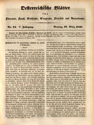 Österreichische Blätter für Literatur und Kunst, Geschichte, Geographie, Statistik und Naturkunde Montag 27. März 1848