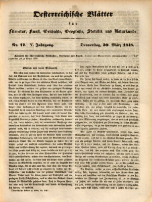 Österreichische Blätter für Literatur und Kunst, Geschichte, Geographie, Statistik und Naturkunde Donnerstag 30. März 1848