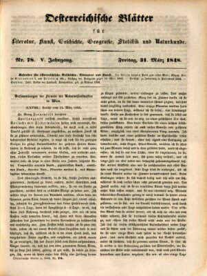 Österreichische Blätter für Literatur und Kunst, Geschichte, Geographie, Statistik und Naturkunde Freitag 31. März 1848