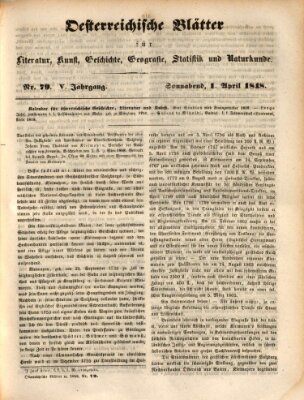 Österreichische Blätter für Literatur und Kunst, Geschichte, Geographie, Statistik und Naturkunde Samstag 1. April 1848