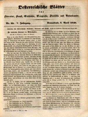 Österreichische Blätter für Literatur und Kunst, Geschichte, Geographie, Statistik und Naturkunde Samstag 8. April 1848