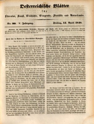 Österreichische Blätter für Literatur und Kunst, Geschichte, Geographie, Statistik und Naturkunde Freitag 14. April 1848