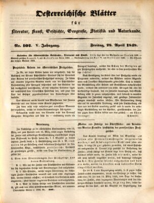 Österreichische Blätter für Literatur und Kunst, Geschichte, Geographie, Statistik und Naturkunde Freitag 28. April 1848
