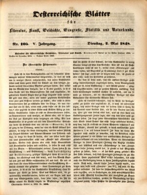 Österreichische Blätter für Literatur und Kunst, Geschichte, Geographie, Statistik und Naturkunde Dienstag 2. Mai 1848