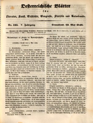 Österreichische Blätter für Literatur und Kunst, Geschichte, Geographie, Statistik und Naturkunde Samstag 13. Mai 1848