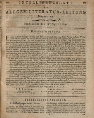 Allgemeine Literatur-Zeitung (Literarisches Zentralblatt für Deutschland) Samstag 18. April 1789