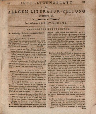 Allgemeine Literatur-Zeitung (Literarisches Zentralblatt für Deutschland) Samstag 11. Juli 1789