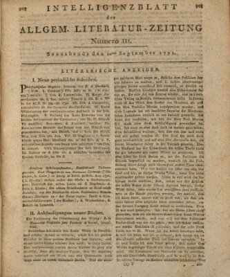 Allgemeine Literatur-Zeitung (Literarisches Zentralblatt für Deutschland) Samstag 10. September 1791