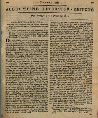 Allgemeine Literatur-Zeitung (Literarisches Zentralblatt für Deutschland) Donnerstag 1. Dezember 1791