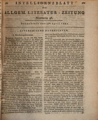 Allgemeine Literatur-Zeitung (Literarisches Zentralblatt für Deutschland) Samstag 14. April 1792