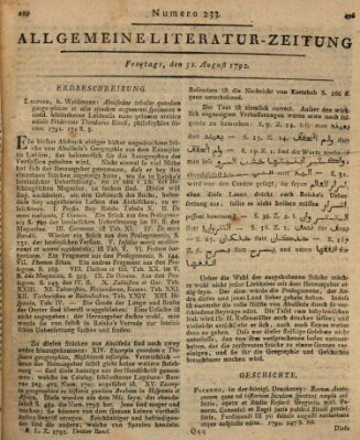 Allgemeine Literatur-Zeitung (Literarisches Zentralblatt für Deutschland) Freitag 31. August 1792