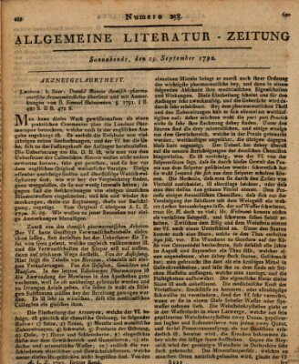 Allgemeine Literatur-Zeitung (Literarisches Zentralblatt für Deutschland) Samstag 29. September 1792