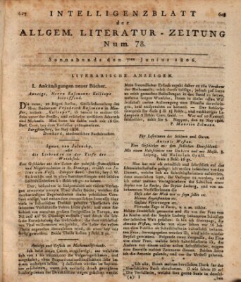 Allgemeine Literatur-Zeitung (Literarisches Zentralblatt für Deutschland) Samstag 7. Juni 1806