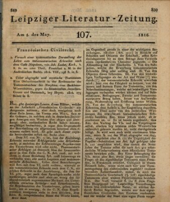 Leipziger Literaturzeitung Mittwoch 1. Mai 1816
