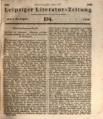 Leipziger Literaturzeitung Donnerstag 3. August 1820