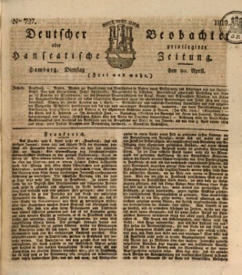 Deutscher Beobachter oder privilegirte hanseatische Zeitung Dienstag 20. April 1819