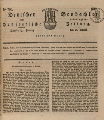 Deutscher Beobachter oder privilegirte hanseatische Zeitung Freitag 13. August 1819