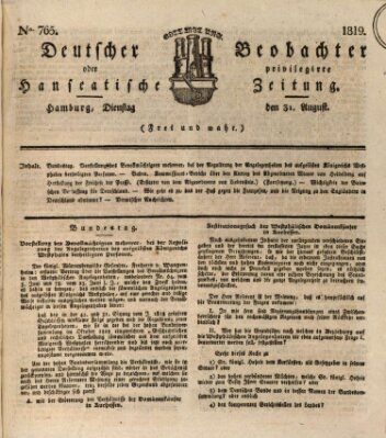 Deutscher Beobachter oder privilegirte hanseatische Zeitung Dienstag 31. August 1819