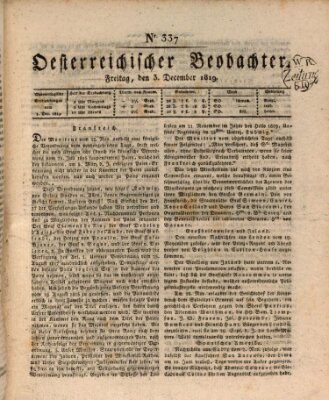 Der Oesterreichische Beobachter Freitag 3. Dezember 1819