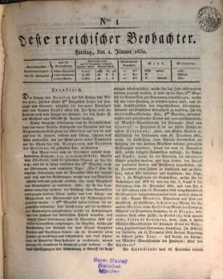 Der Oesterreichische Beobachter Freitag 1. Januar 1830