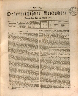 Der Oesterreichische Beobachter Donnerstag 14. April 1831