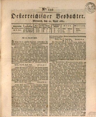 Der Oesterreichische Beobachter Mittwoch 20. April 1831