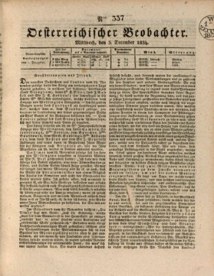 Der Oesterreichische Beobachter Mittwoch 3. Dezember 1834