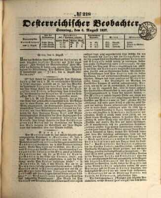 Der Oesterreichische Beobachter Sonntag 6. August 1837