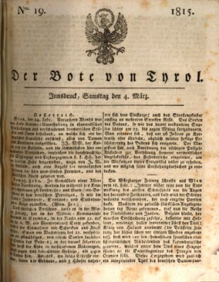 Bote für Tirol (Kaiserlich-Königlich privilegirter Bothe von und für Tirol und Vorarlberg) Samstag 4. März 1815