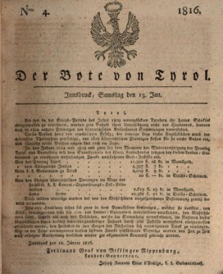 Bote für Tirol (Kaiserlich-Königlich privilegirter Bothe von und für Tirol und Vorarlberg) Samstag 13. Januar 1816