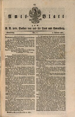 Kaiserlich-Königlich privilegirter Bothe von und für Tirol und Vorarlberg Donnerstag 8. Februar 1821