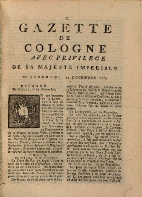 Gazette de Cologne Freitag 13. Dezember 1765