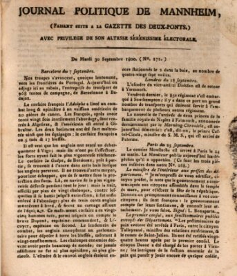 Journal politique de Mannheim (Gazette des Deux-Ponts) Dienstag 30. September 1800