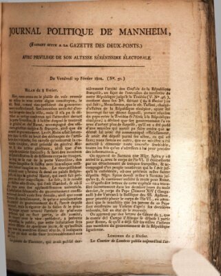 Journal politique de Mannheim (Gazette des Deux-Ponts) Freitag 19. Februar 1802