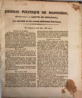 Journal politique de Mannheim (Gazette des Deux-Ponts) Freitag 20. August 1802