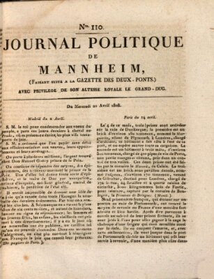 Journal politique de Mannheim (Gazette des Deux-Ponts) Mittwoch 20. April 1808