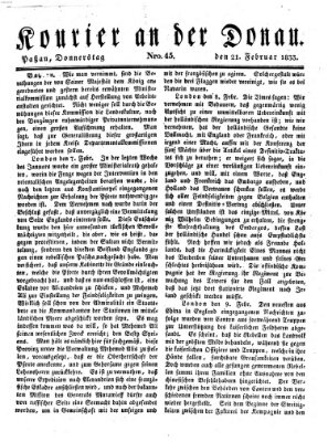 Kourier an der Donau (Donau-Zeitung) Donnerstag 21. Februar 1833