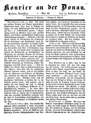 Kourier an der Donau (Donau-Zeitung) Samstag 21. Februar 1835