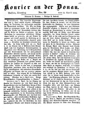 Kourier an der Donau (Donau-Zeitung) Dienstag 14. April 1835