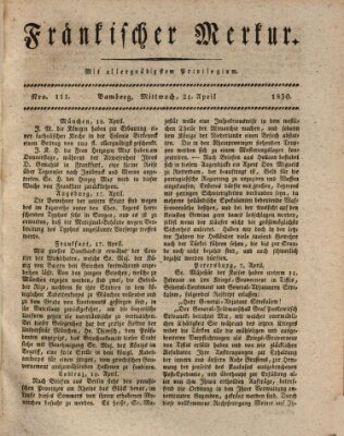Fränkischer Merkur (Bamberger Zeitung) Mittwoch 21. April 1830