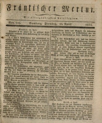 Fränkischer Merkur (Bamberger Zeitung) Dienstag 16. April 1833