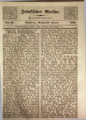 Fränkischer Merkur (Bamberger Zeitung) Montag 27. Februar 1843